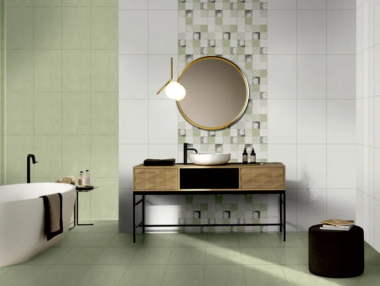 small-bathroom design with olive green striped mosaic tiles, sink, mirror, bathtub